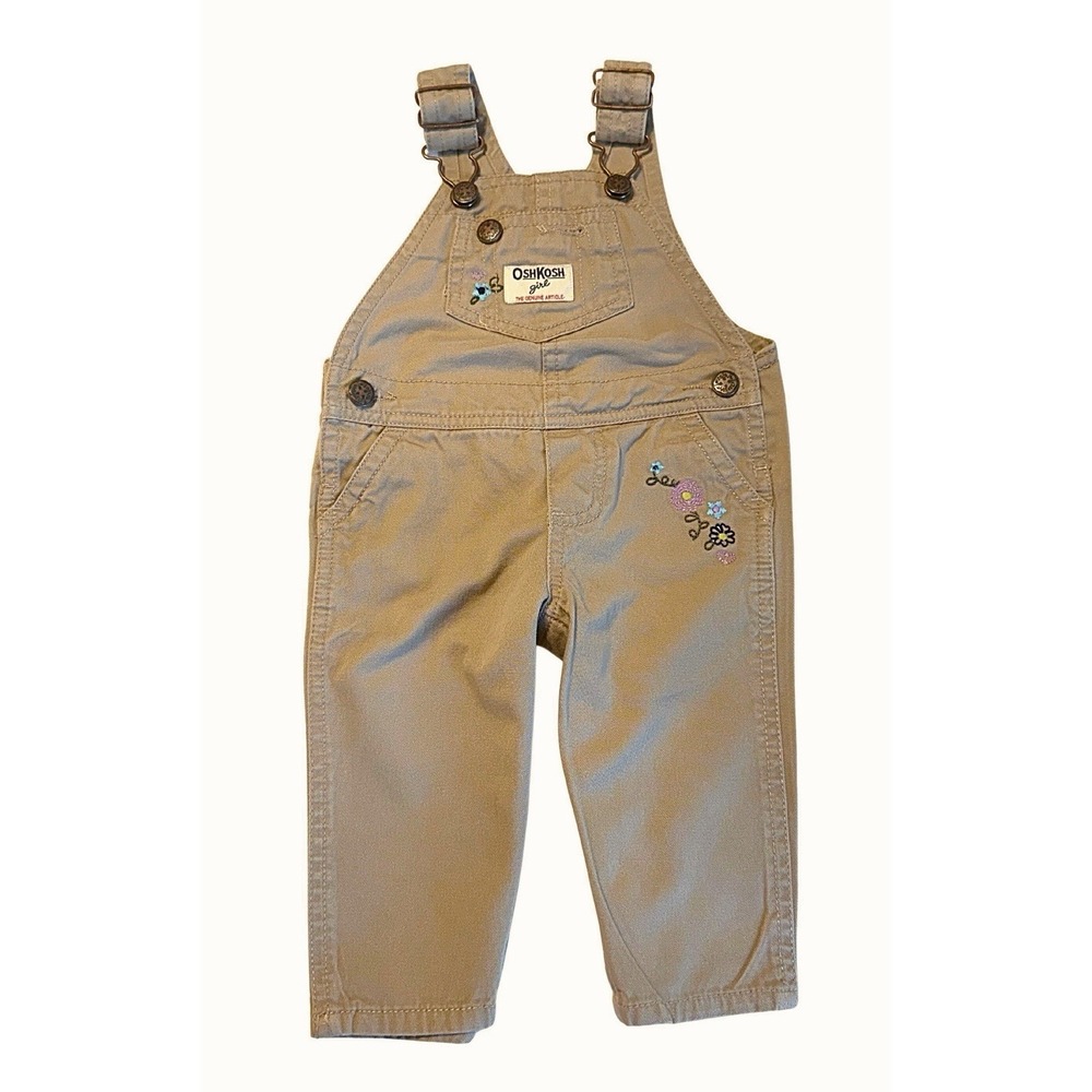 OshKosh B'gosh Girl Khaki Floral Embroidered Vestback Overalls 6 Months Cotton